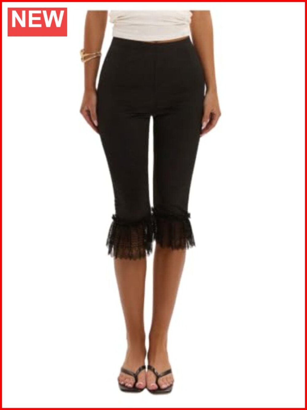 Verdusa Women's Ruffle Lace Capri Pants High Rise Stretchy Knee Length Leggings